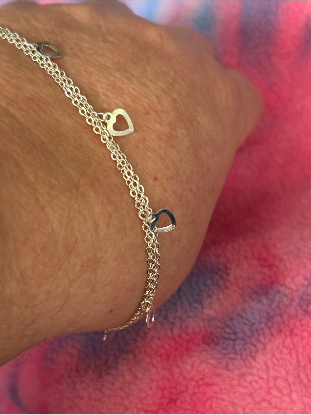 Silver Double Strand Heart Charm Anklet with Toe Ring - Picture 7 of 9